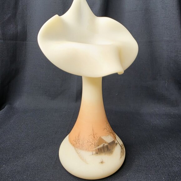 Fenton 10.75'' Tall Vase Jack in the Pulpit Hand Painted Trees Farm House Scene